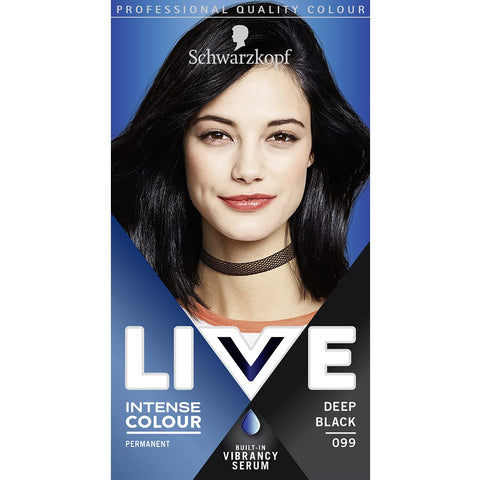 Schwarzkopf LIVE Intense Colour Deep Black Permanent Hair Dye 099, Long Lasting Hair Dye in an Intense Black Shade with Built-In Vibrancy Serum, Jet Black Hair Dye for up to 100% Grey Coverage
