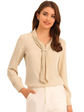 Allegra K Women's Elegant Work Office Blouse Long Sleeve Pleated Tie Neck Top Shirt Beige S