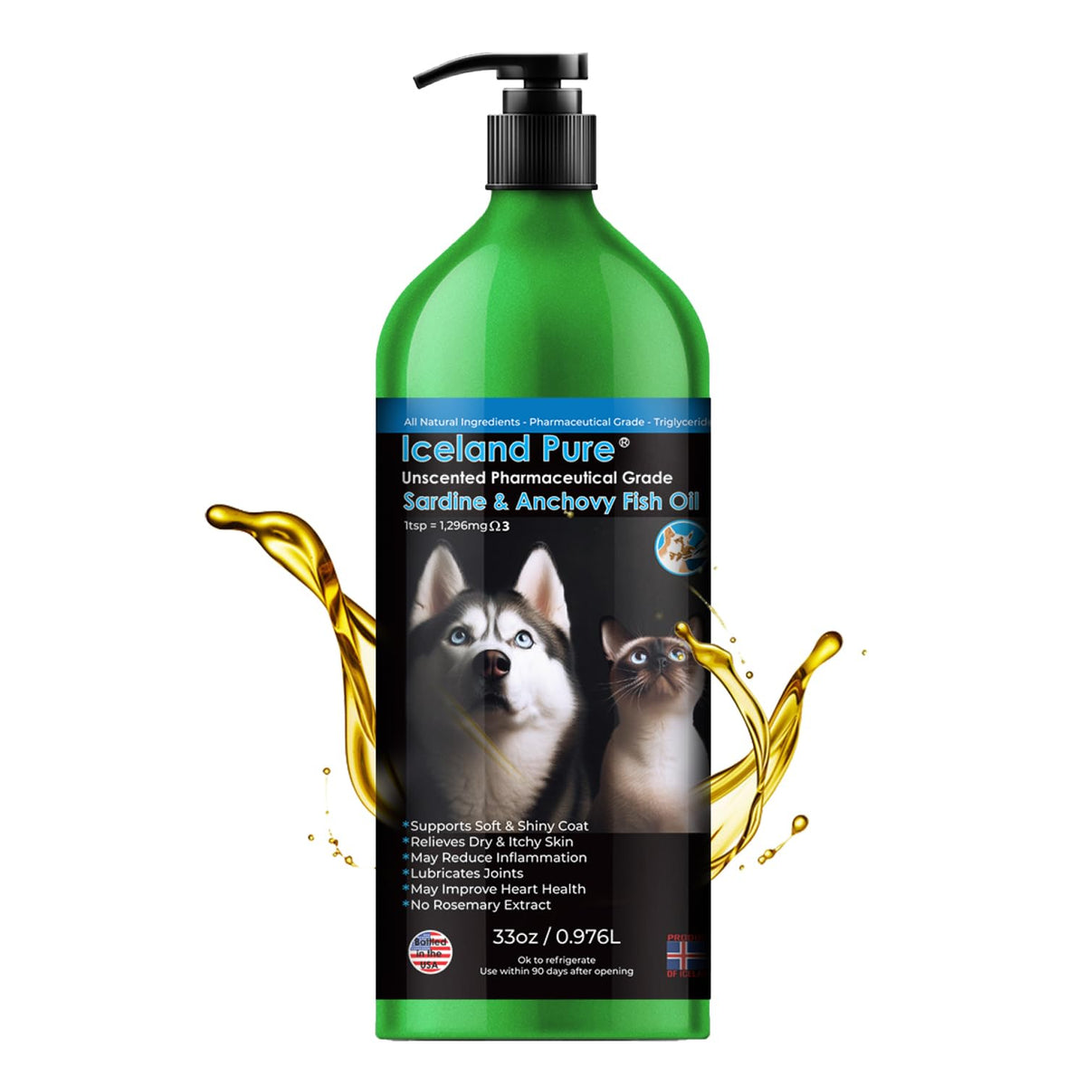 Iceland Pure Sardine Anchovy Oil | Wild Caught | 1597mg of Omega 3 per teaspoon | Unscented Pharmaceutical Grade | For Dogs and Cats | BPA-Free Brushed Aluminum Epoxy coated Bottle with Pump 33oz