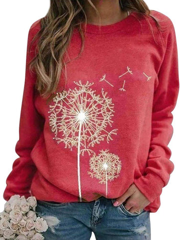 Dresswel Women Dandelion Print Sweatshirt Crew Neck Long Sleeve Tops Basic Jumper Tunic Blouse Shirts (XL, 2-Watermelon Red)