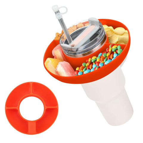 Snack Bowl for Stanley Cup 40 oz, Snack Tray for Stanley Tumbler with Handle, Tumbler Snack Ring Reusable Snack Plate, 4 Compartments Silicone Snack Platters for Stanley Cup Accessories (orange)