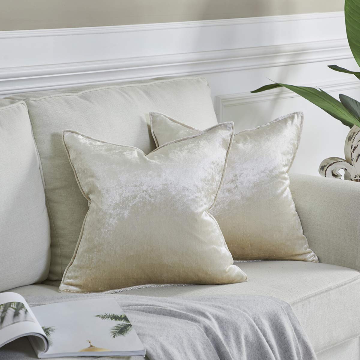 OMMATO Velvet Cushion Covers 24x24 inch Square Cream Decorative Throw Pillow Covers for Couch Sofa Living Room 60cm x 60cm 2 Pack