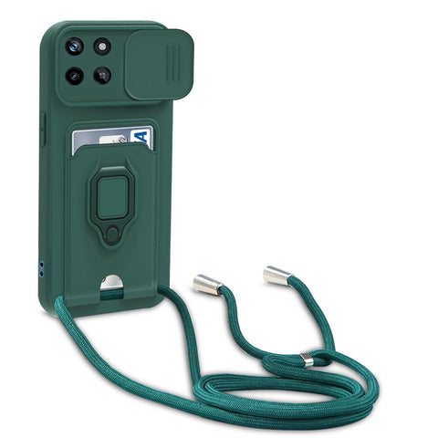 yanasuo Camera Protection Lanyard Phone Case for Oppo Realme 11 4G, Card Holder, Slide Camera Cover, Silicone Cord Strap rope Shell TPU Shockproof Bumper Cover-Dark Green