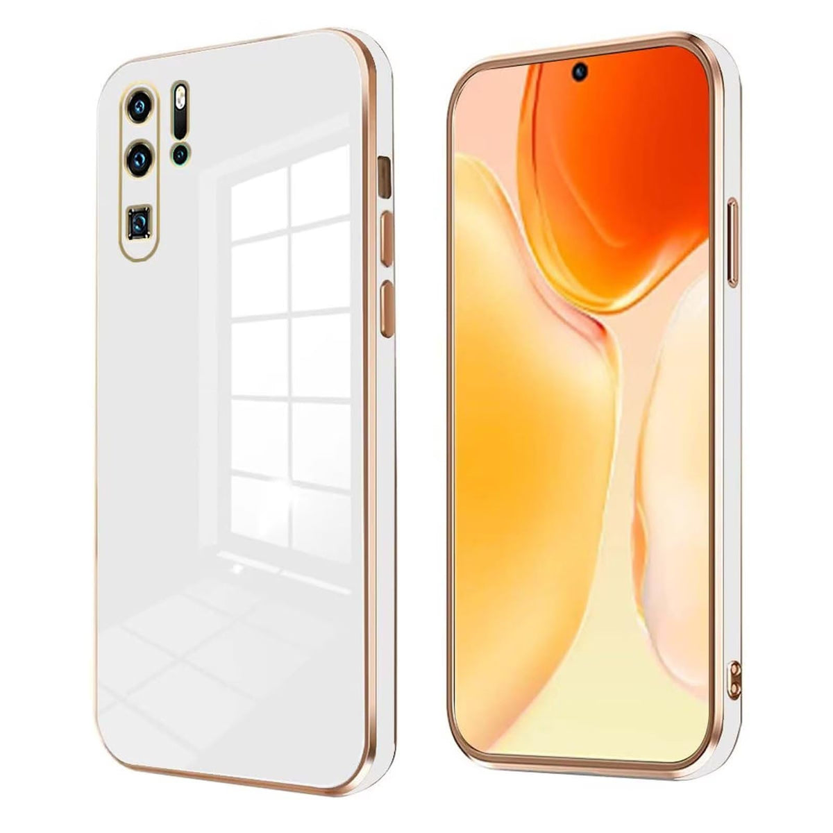 ATISIJIE Case for Huawei P30 PRO Cover, Electroplating Soft Silicone TPU Cover, Flexible Silicone Protective Phone Case with Golden Edging Shockproof Bumper Cover White