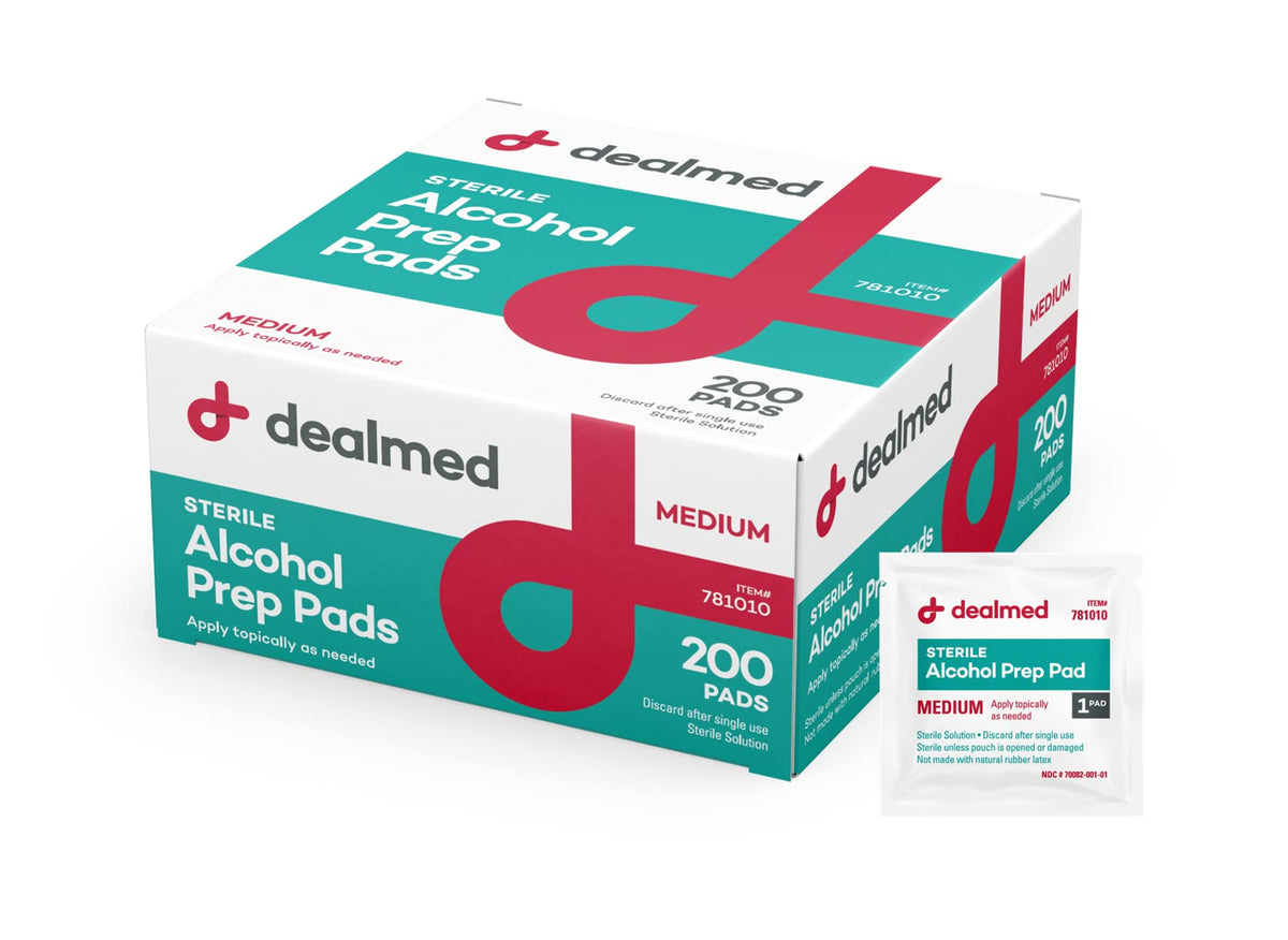 Dealmed Alcohol Prep Pads - 200 Count Medium Size Alcohol Pads, Latex-Free Alcohol Wipes, Gamma Sterilized Wound Care Products for a First Aid Kit and Medical Facilities
