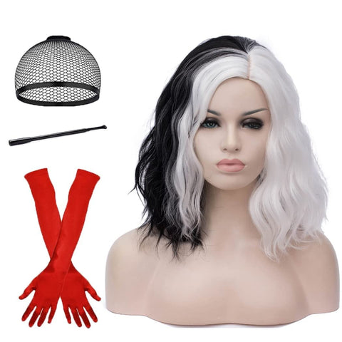 Women's Wig for Cruella Deville Black and White Curls Bob Wigs Women Cosplay Costume Party Synthetic Wig with Pearl Necklace Gloves Holder 009A