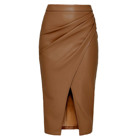 HanzhuoLG Women's Faux Leather PU Slit Skirt Fashion Temperament High Waist Zipper Pleated Sexy Hip Skirt Autumn and Winter New Skirt S