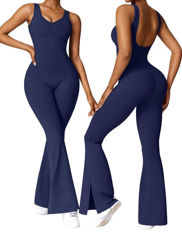 Vertvie Flare Jumpsuits for Women Sexy Backless Tank Top Bodycon Romper Wide Leg Full Length Pants Unitard Playsuit(Dark Blue,Medium)