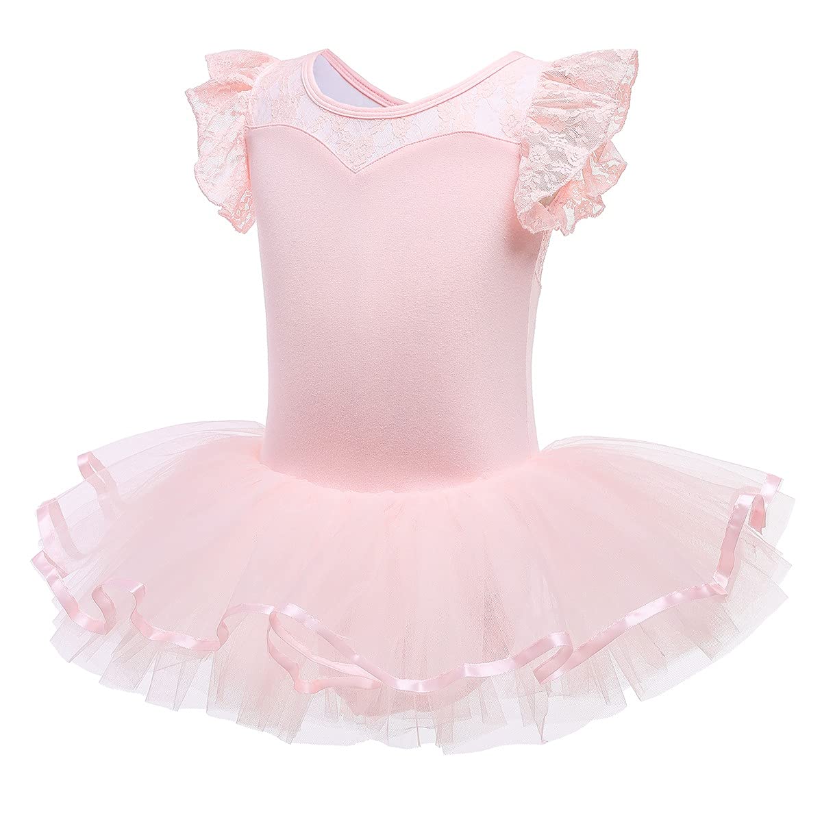 HIHCBF Kids Girls Flutter Sleeve Lace Ballet Skirted Leotard Dance Tutu Dresses Ballerina Costume Gymnastics Dancewear Pink 4-5T