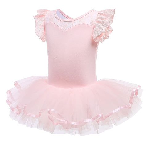 HIHCBF Kids Girls Flutter Sleeve Lace Ballet Skirted Leotard Dance Tutu Dresses Ballerina Costume Gymnastics Dancewear Pink 4-5T