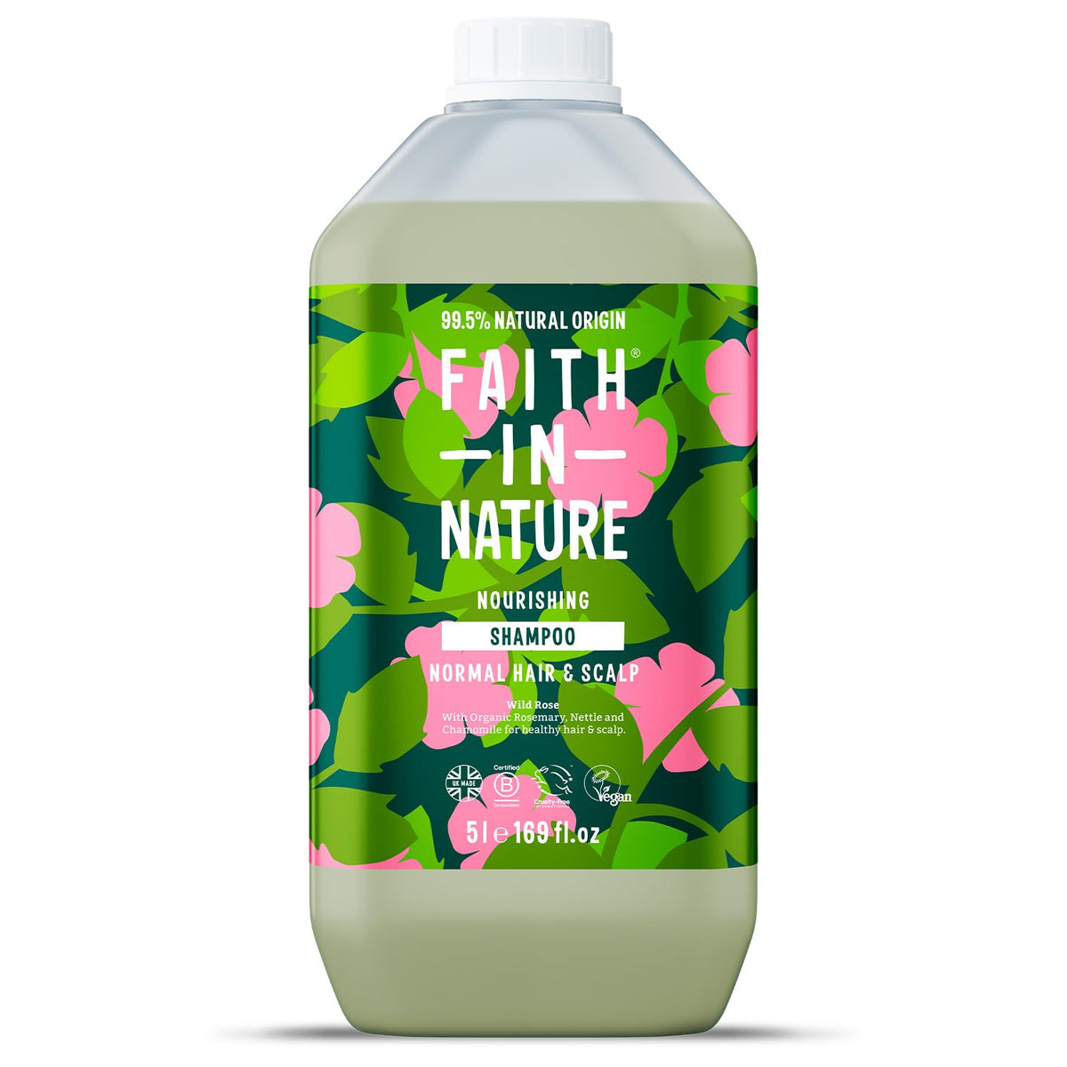 Faith In Nature Natural Wild Rose Shampoo, Nourishing for Normal Hair & Scalp, Vegan & Cruelty Free, No SLS, Silicones or Parabens, 5L Refill Pack