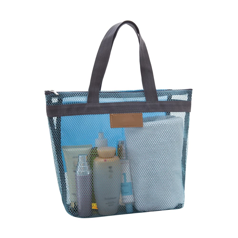 Pebipoo Mesh Shower Caddy Bag, Quick Dry Portable Tote Bag and Inner Pocket, Lightweight Bath Organizer for College Dorm Bathroom, Swimming, Gym, Beach, Travel (Blue)