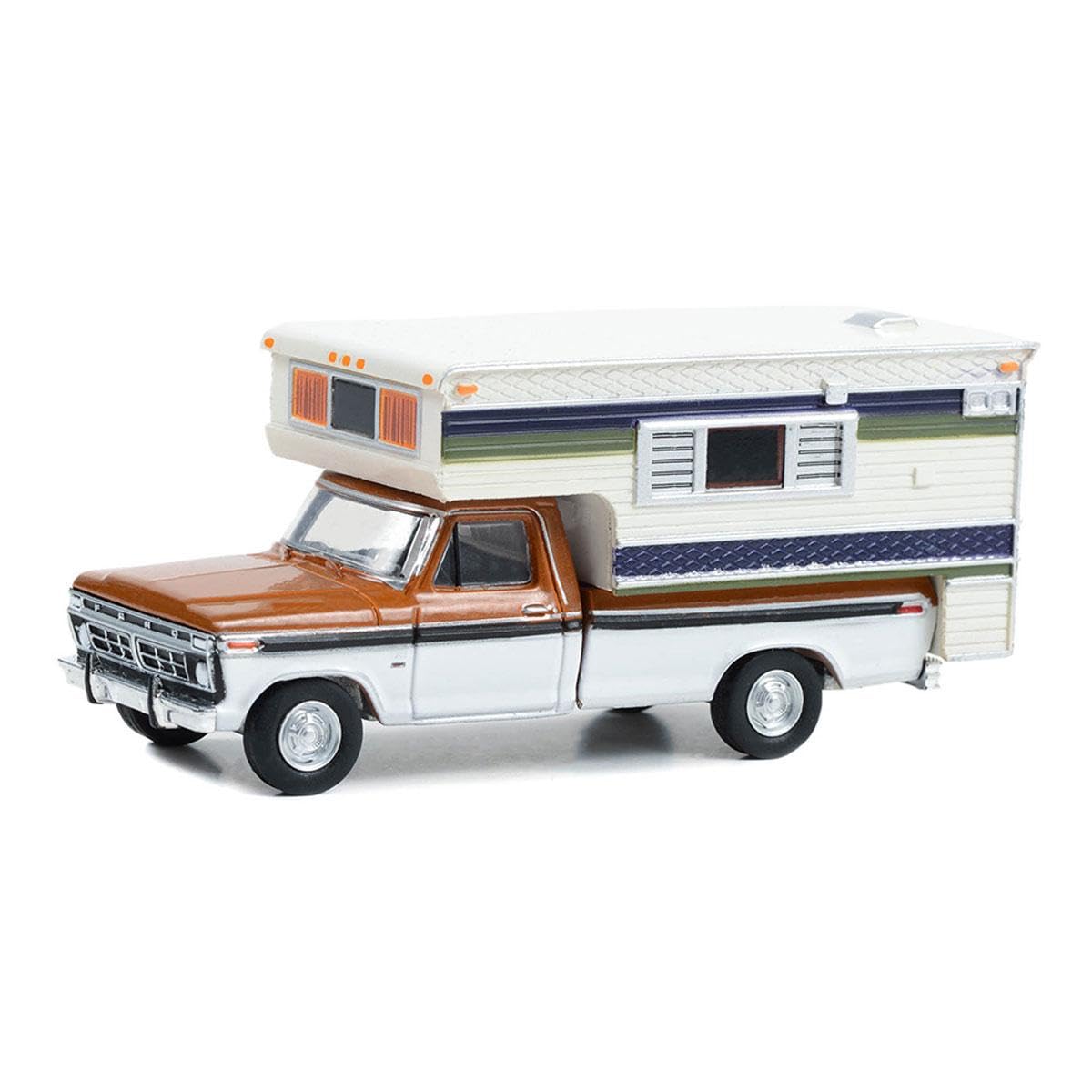 1976 F-250 Pickup Truck with Large Camper Nectarine Orange Metallic and Wimbledon White with Black Stripes Camper Special Hobby Exclusive Series 1/64 Diecast Model Car by Greenlight 30406