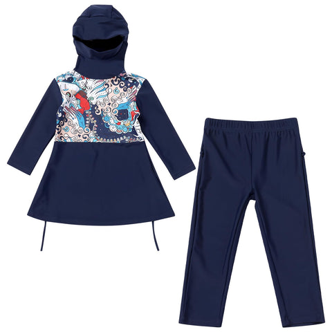 Girls Muslim Swimsuit Two Pieces Sets Modest Islamic Swimwear Full Cover Rashguard Burkini Hijab Long Sleeve Hooded Tops + Pants UPF 50+ Kids Beach Bathing Suit Summer Blue 11-12 Years