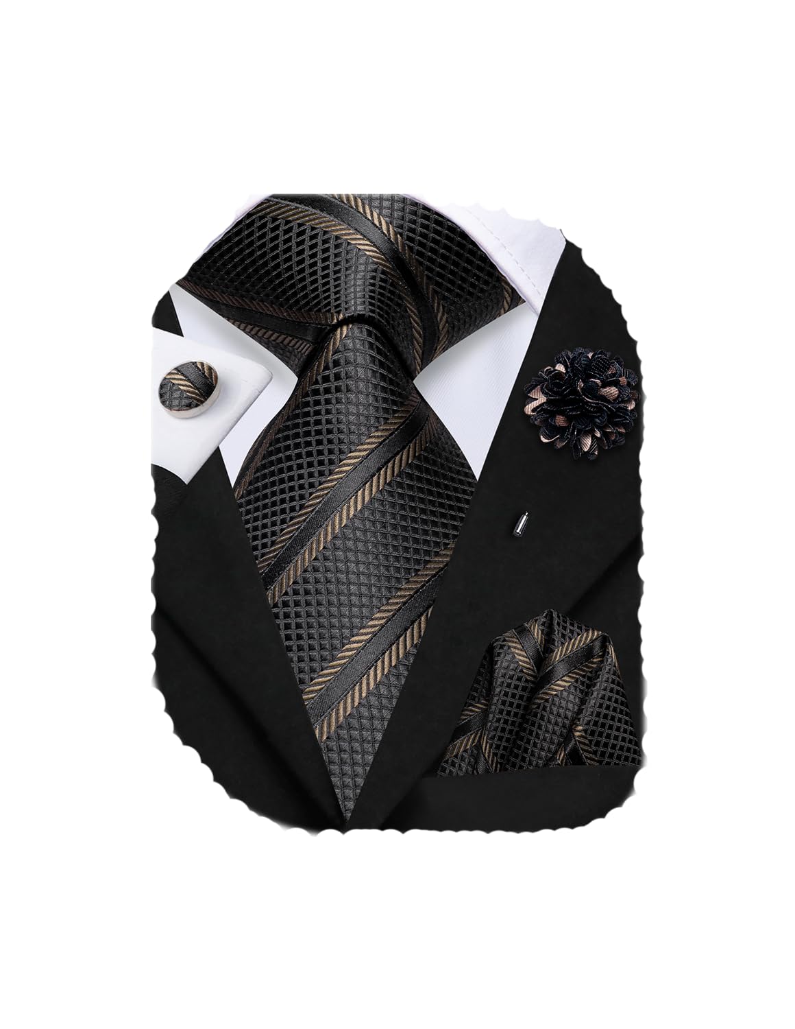 Hi-Tie Silk Men's Tie and Pocket Square Cufflinks Lapel Pin Set Jacquard Wedding Business Necktie for Formal,Chrome Black