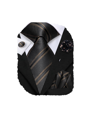 Hi-Tie Silk Men's Tie and Pocket Square Cufflinks Lapel Pin Set Jacquard Wedding Business Necktie for Formal,Chrome Black