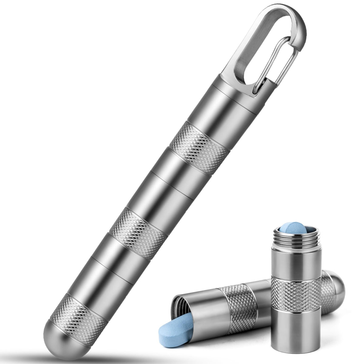 Small Titanium Pill Case,TISUR Keychain Pill Holder, Portable Pill Box Container,Travel Pill Organizer Waterproof Metal Pill Fob Bottle,Removable Compartment (Gray Titanium Large -3.26 inch)
