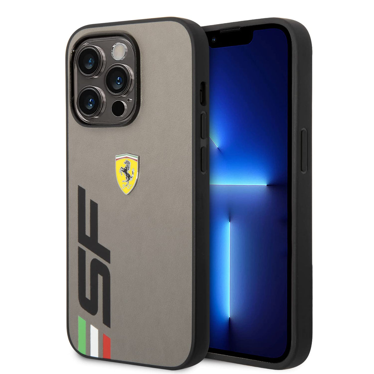 CG MOBILE Ferrari Large SF Logo Printed PU Leather Case Compatible with iPhone 14 Pro Max (Grey)