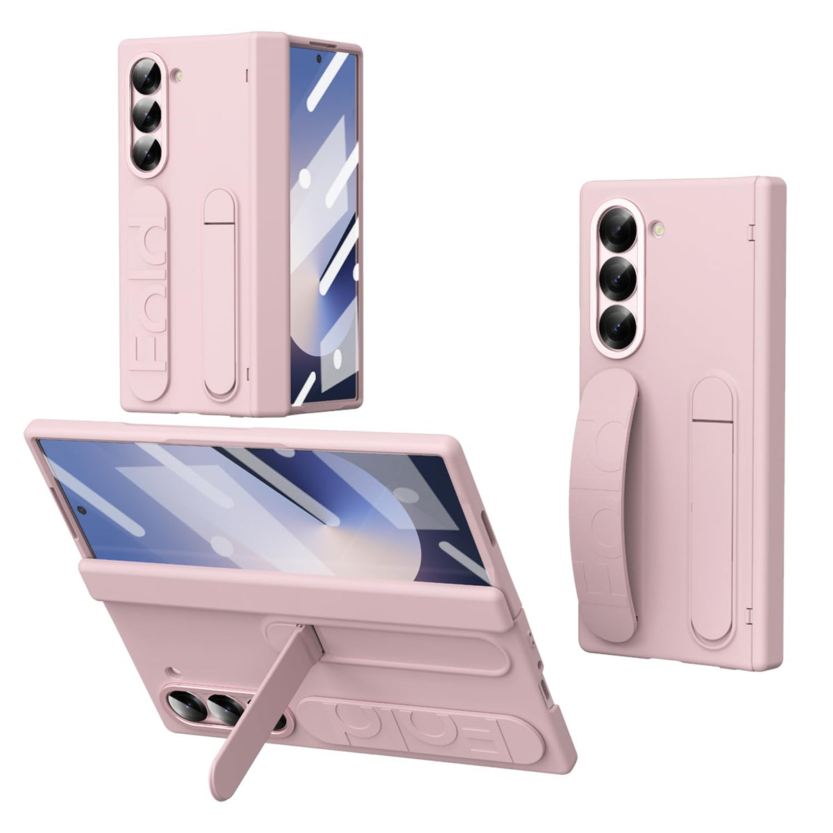 XIMAND for Samsung Galaxy Z Fold 5 Protect Case with Wristband Stand,Bulit-in Hinge Protection, Screen & Lens Protection Shockproof Full Body Drop Fall Protection.(Pink)