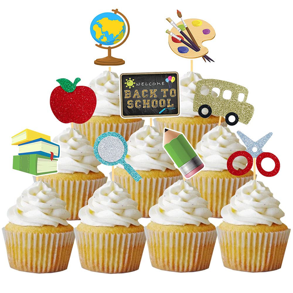 36 Pcs Welcome Back to School Cupcake Toppers, Welcome the First Day of School Party Supplies Cake Decorations for School Activities Classroom Supplies