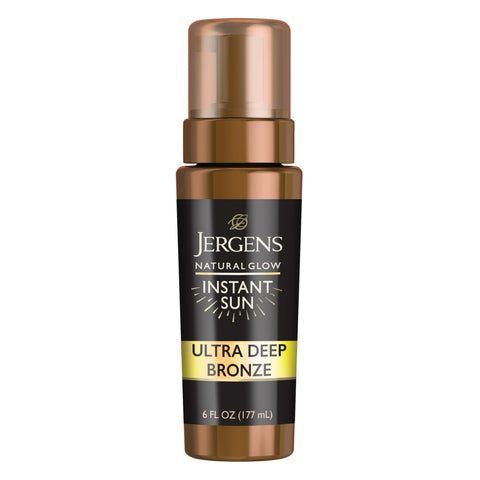 Jergens Sunless Tanning Mousse, Natural Glow Instant Sun, Cruelty Free, Quick Self Tanner Foam, in Deep Bronze 6 oz