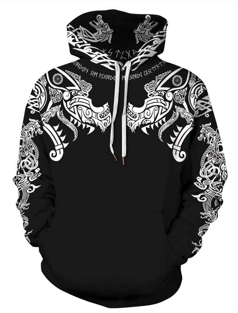 JooMeryer Men's Viking Totem 3D Print Long Sleeve Hoodies Pullover Sweatshirt - Black - XL
