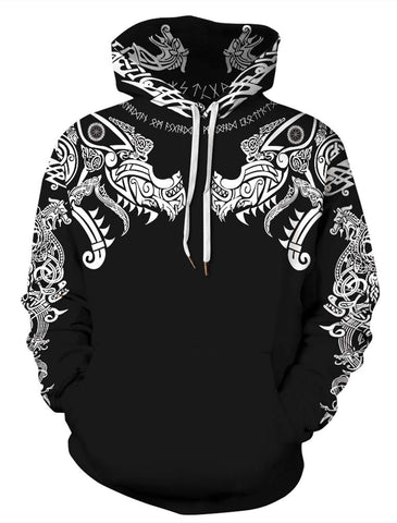 JooMeryer Men's Viking Totem 3D Print Long Sleeve Hoodies Pullover Sweatshirt - Black - XL