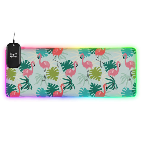 Flamingo Palm Leaves Summer Wireless Charging Mouse Pad for Mobile Phone Extra Large Gaming Mousepad with 13 Lighting Modes Keyboard Mat for MacBook PC Laptop Desk Office Home Gaming