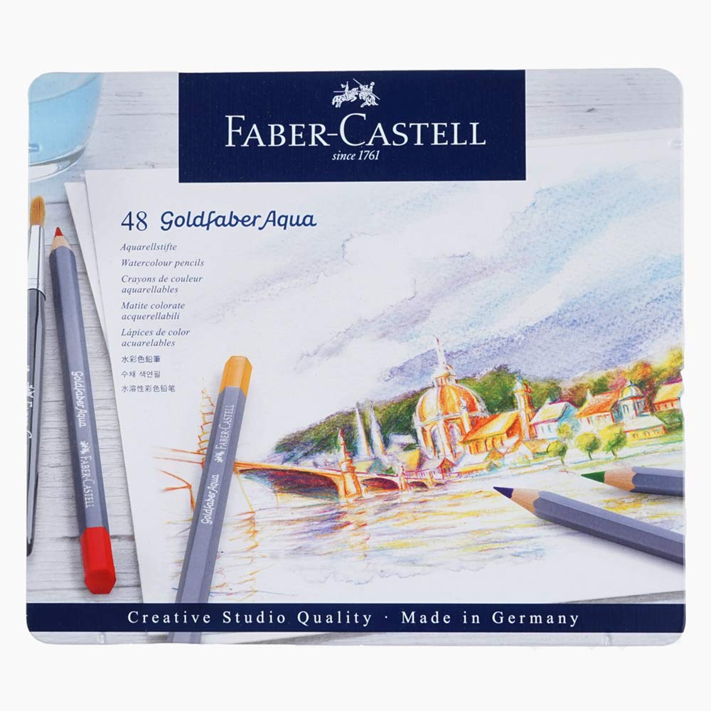 Faber-Castell Creative Studio Goldfaber Aqua Watercolour Pencil, Multicoloured (Multicoloured) Tin Of 48 Pencils, For Art, Craft, Drawing, Sketching, Home, School, University, Colouring