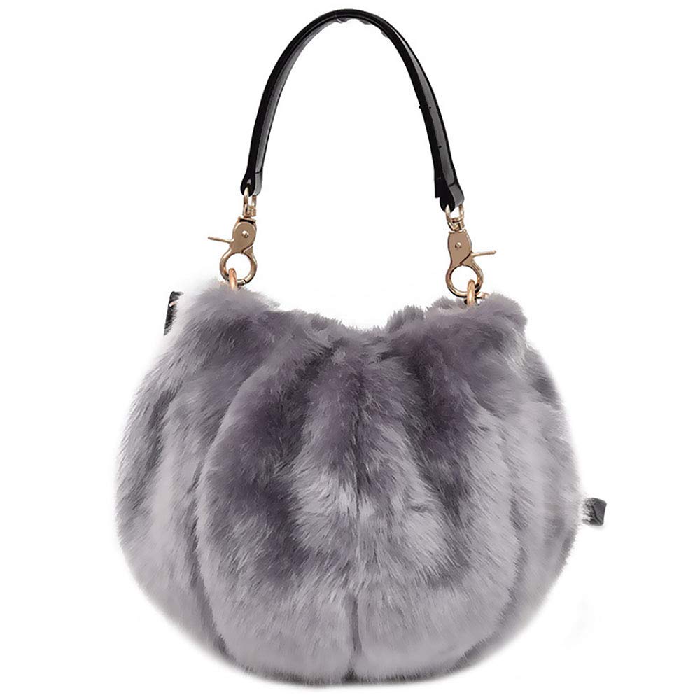 Womens Faux Fur Bucket Handbag Plush Shoulder Bag Fur Evening Tote Bags(Gray)