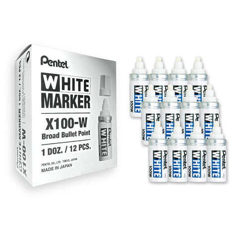 Pentel Permanent Marker Valve-controlled Bullet Tip Broad 6mm White Ref X100W [Pack of 12]