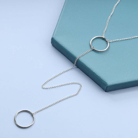 Yheakne Boho Long Circle Pendant Necklace Silver Y Lariat Necklace Minimalist Y Drop Chain Necklace Jewelry for Women and Girls