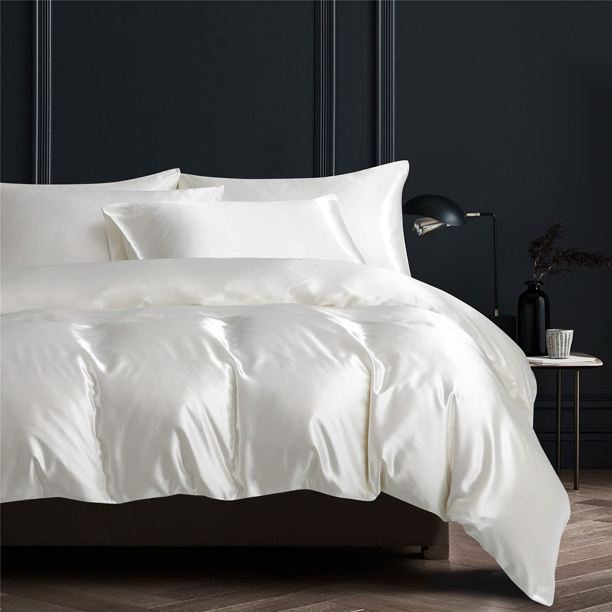 NORCH White Satin Silk Duvet Cover Set Double Bedding Set Luxury Soft Quilt Cover with Pillowcases