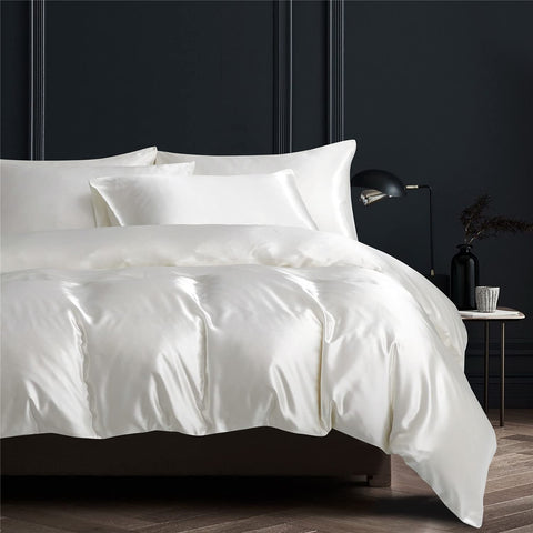 NORCH White Satin Silk Duvet Cover Set Double Bedding Set Luxury Soft Quilt Cover with Pillowcases