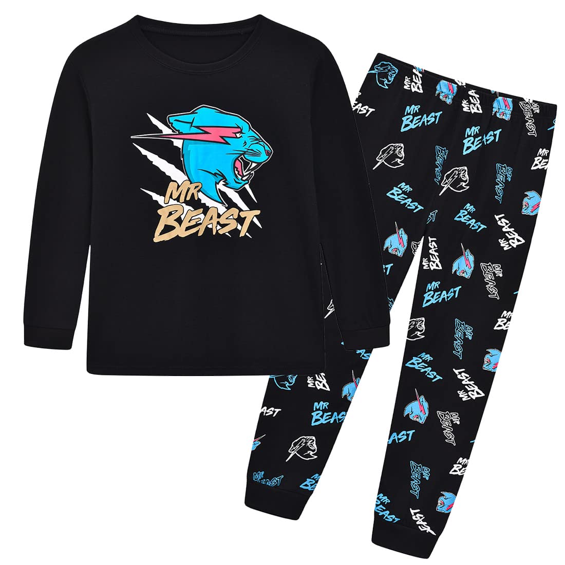 Delanhon Kids Boys Girls Famous Youtuber Gamer Roaring Leopard Lighting Cat Print Pyjamas Youth Teen Pjs Set 7-13 Years (6-7 years, Long)