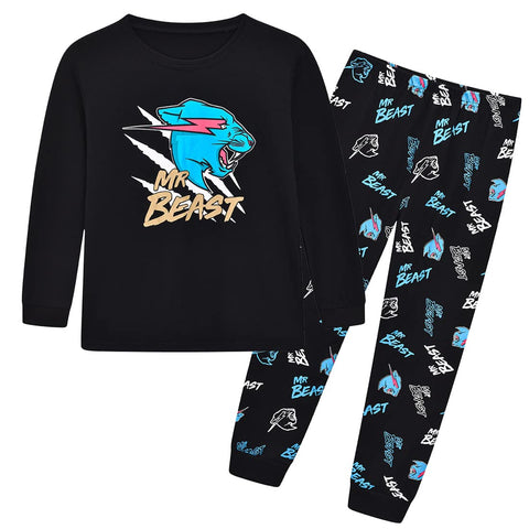 Delanhon Kids Boys Girls Famous Youtuber Gamer Roaring Leopard Lighting Cat Print Pyjamas Youth Teen Pjs Set 7-13 Years (6-7 years, Long)