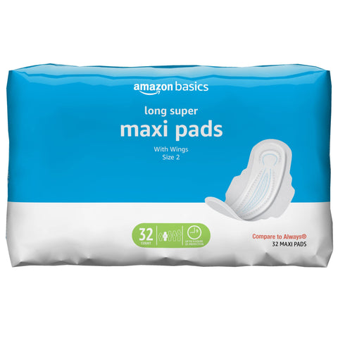 Amazon Basics Thick Maxi Pads with Flexi-Wings for Periods, Long Length, Super Absorbency, Unscented, Size 2, 32 Count, 1 Pack (Previously Solimo)
