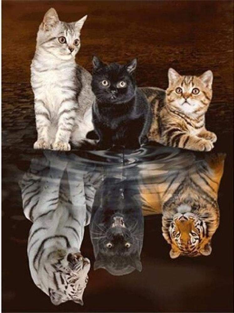 Adult Puzzle 1000 Pieces 3 Cats Reflection Tiger Made of Wood Board Will Not Be Deformed