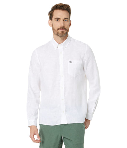 Lacoste Men's Long Sleeve Regular Fit Linen Button Down with Front Pocket, CH5692-001-S White