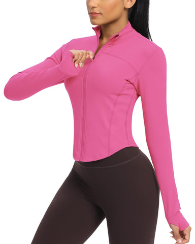 QUEENIEKE Women's Cropped Running Jackets - Zip Up Lightweight Athletic Yoga Gym Tops BBL Jacket with Thumb Holes (Hot Pink, Small)