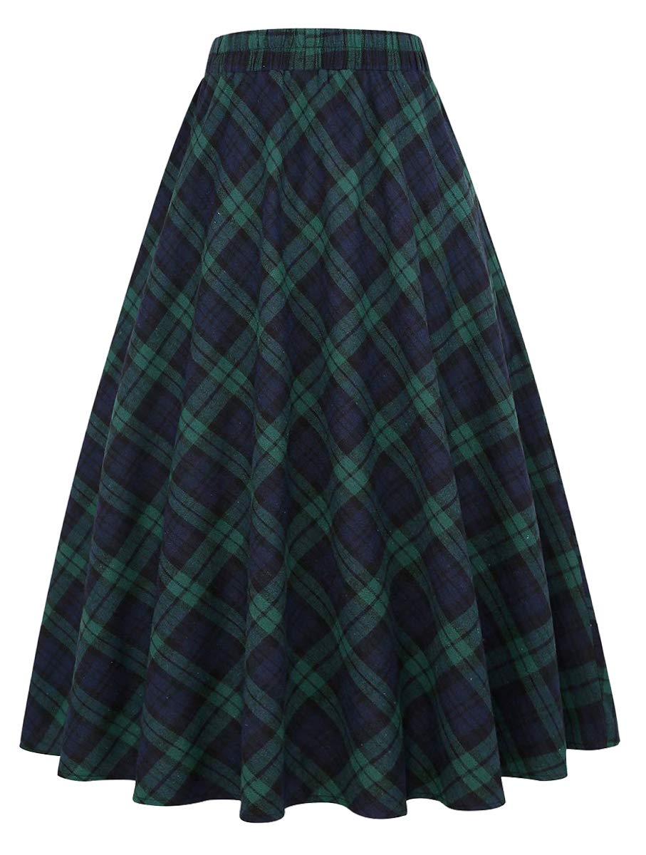 Green Plaid Skirts for Women Fall Winter A Line Pleated Wool Flannel Tartan Plaid Midi Skirt, Green, M