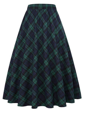 Green Plaid Skirts for Women Fall Winter A Line Pleated Wool Flannel Tartan Plaid Midi Skirt, Green, M