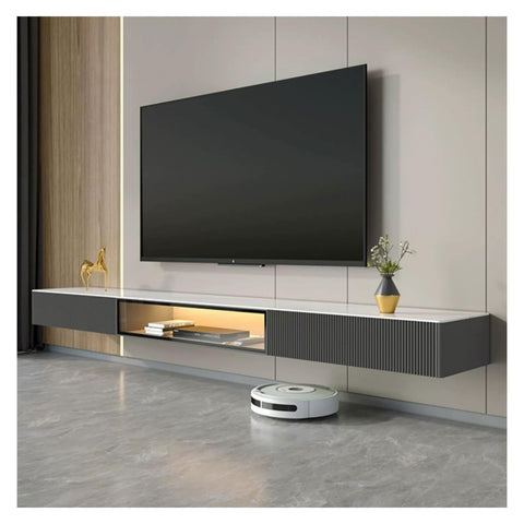 Floating TV Unit Floating TV Stand Wall Mounted TV Cabinet with 2 Drawers and 1 Shelf, Slate Tabletop, Floating Entertainment Center Smart Television Console with Sensor LED Light for Living Room Bedr