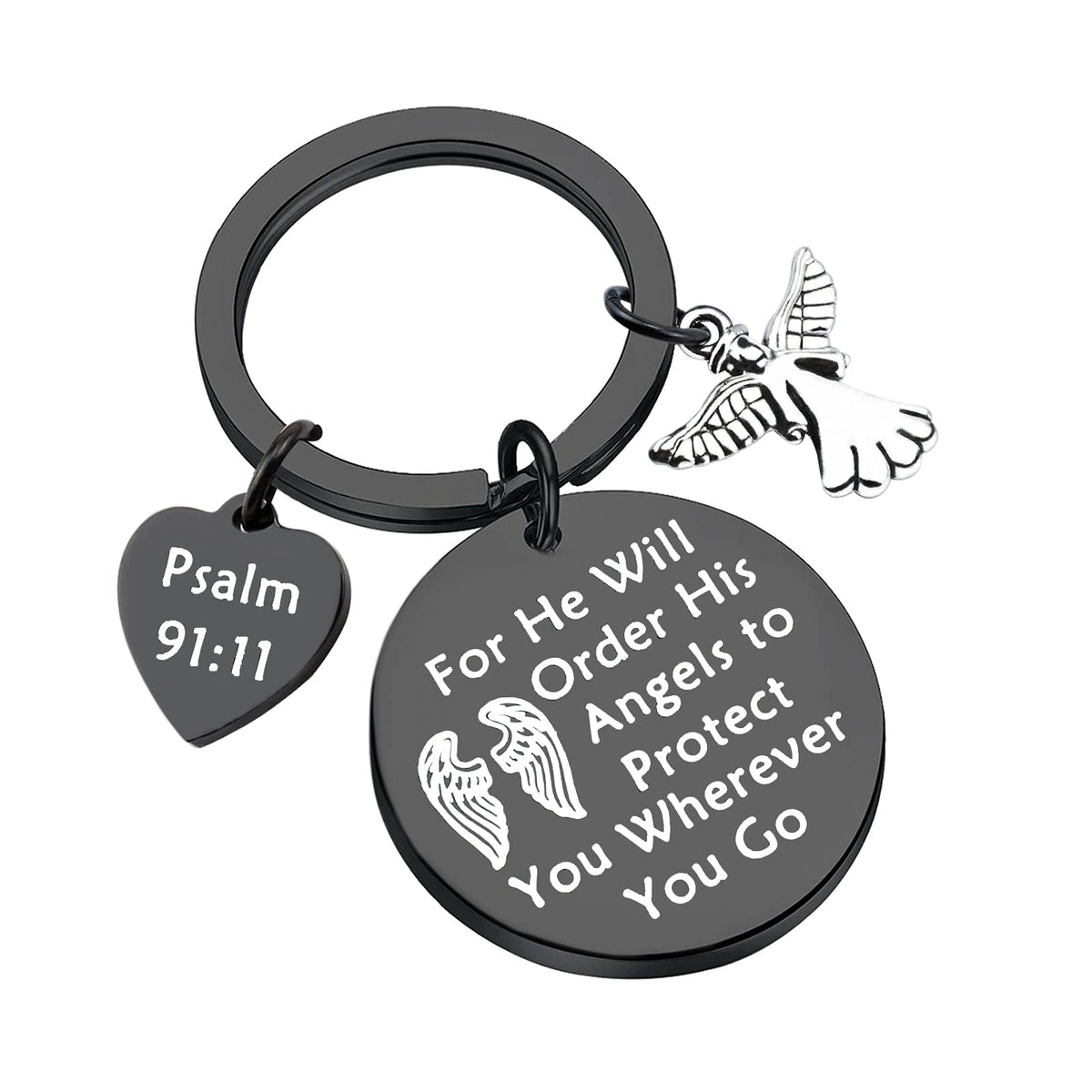 NC Bible Verse Keychain for He Will Order His Angels to Protect You Wherever You Go Religious Jewelry Christian Gift (black)