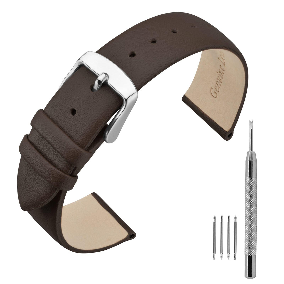 ANNEFIT Calfskin Leather Watch Straps 16mm, Thin Elegant Replacement Watch Band with Stainless Steel Buckle (Dark Brown)
