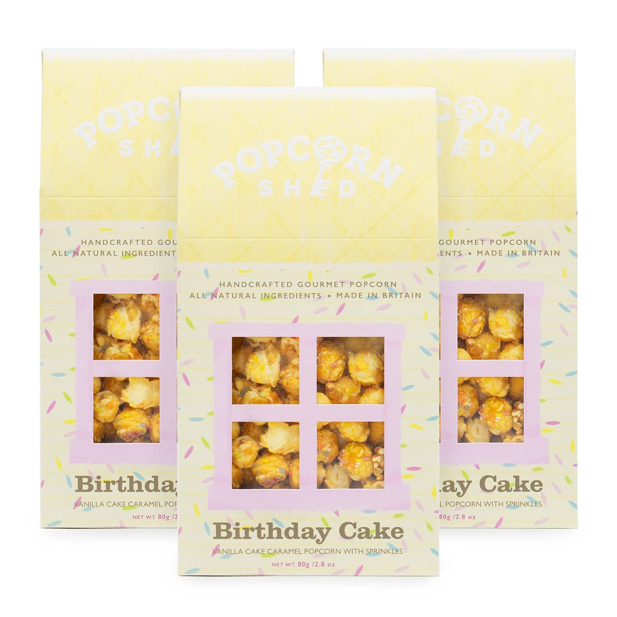 3 x Birthday Cake Gourmet Popcorn Sheds, Vanilla Cake Caramel Flavoured Popcorn with White Chocolate and Sprinkles 3 x 80g, Popcorn Gift