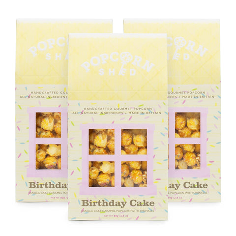 3 x Birthday Cake Gourmet Popcorn Sheds, Vanilla Cake Caramel Flavoured Popcorn with White Chocolate and Sprinkles 3 x 80g, Popcorn Gift