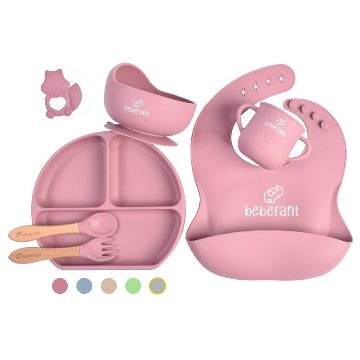 Baby Essentials by BebefantÃƒÆ’Ã‚Â¢ÃƒÂ¢Ã¢â€šÂ¬Ã…Â¾Ãƒâ€šÃ‚Â¢ | Silicone Baby Weaning Set | Suction Bowl | Suction Plate Baby | Cup | Adjustable Bib with Pocket | Bamboo Fork & Spoon for Baby Led Weaning | 6 Piece Baby Feeding Set