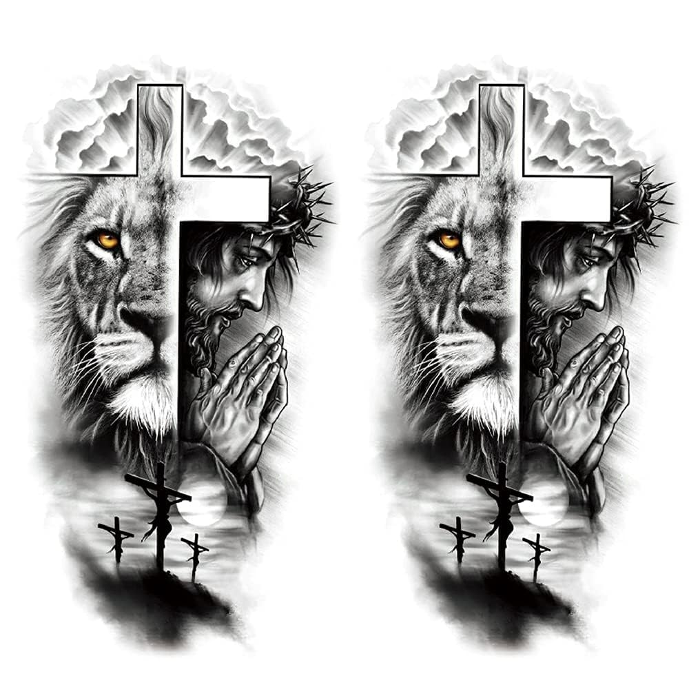 Generic 2 Sheets Large Half Arm Sleeve Temporary Tattoos For Men Women Waterproof Fake Forest Lion Jesus Cross Old School Halloween Fake Tattoo Stickers Adults Black Realistic Animals Tattoo