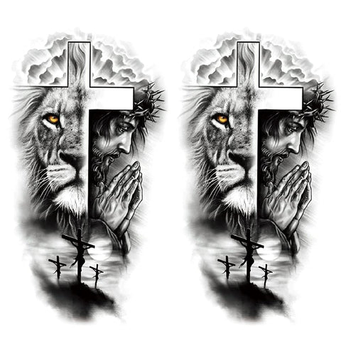 Generic 2 Sheets Large Half Arm Sleeve Temporary Tattoos For Men Women Waterproof Fake Forest Lion Jesus Cross Old School Halloween Fake Tattoo Stickers Adults Black Realistic Animals Tattoo